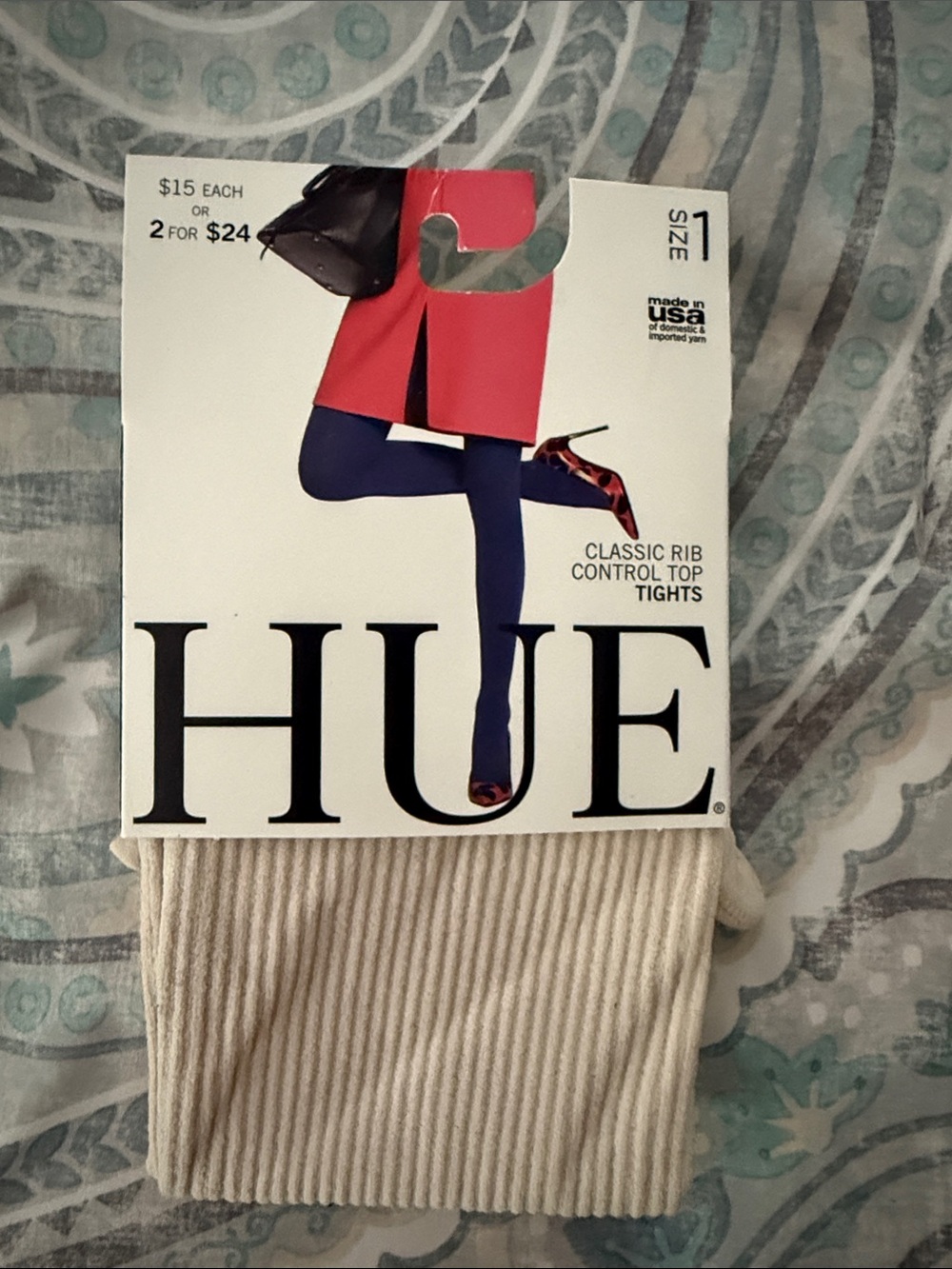 HUE Classic Rib Control Top Tights in Beige